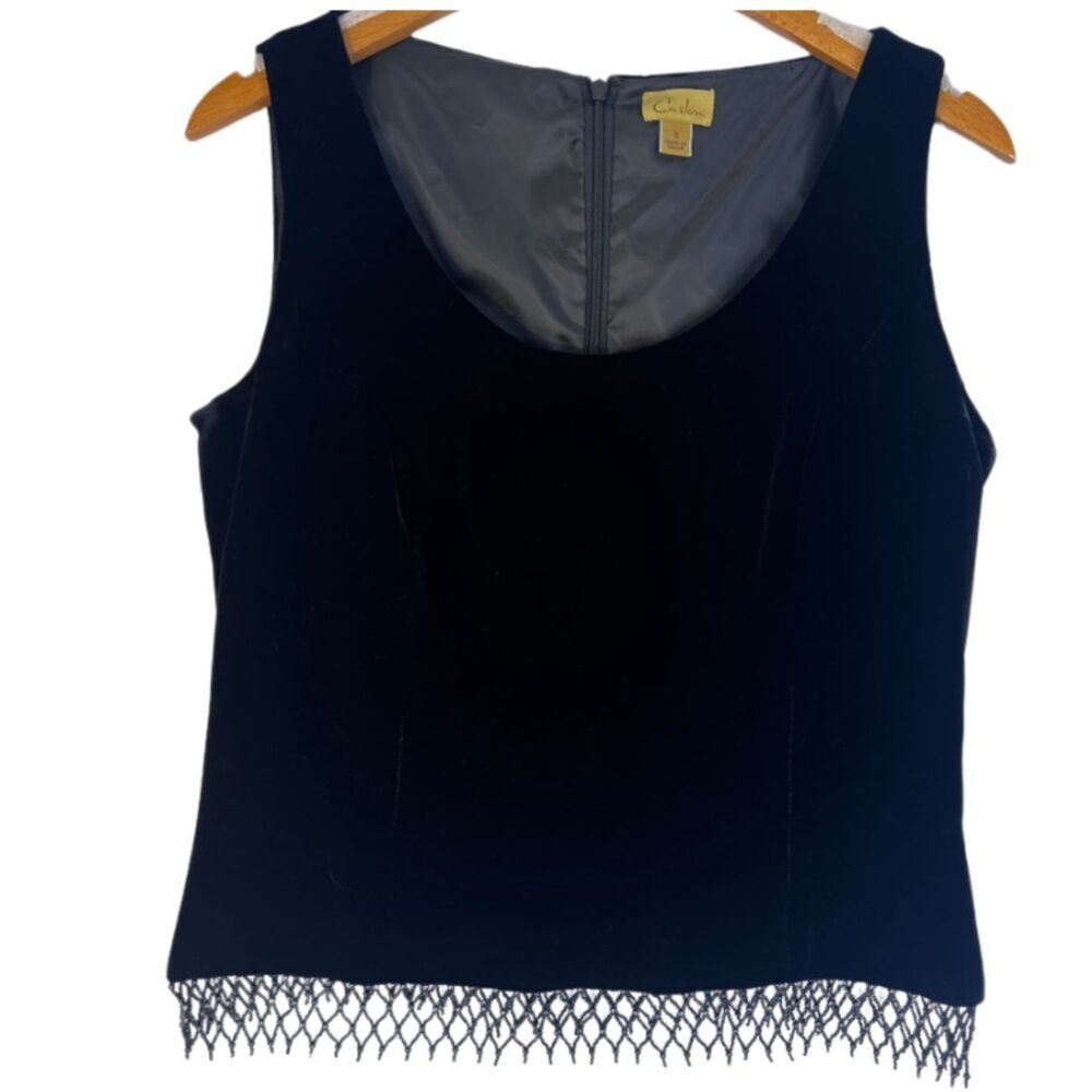 Caslon Black Velvet Sleeveless Low Scoop Neck Beaded Hem Dressy Tank Hem Size‎ 8